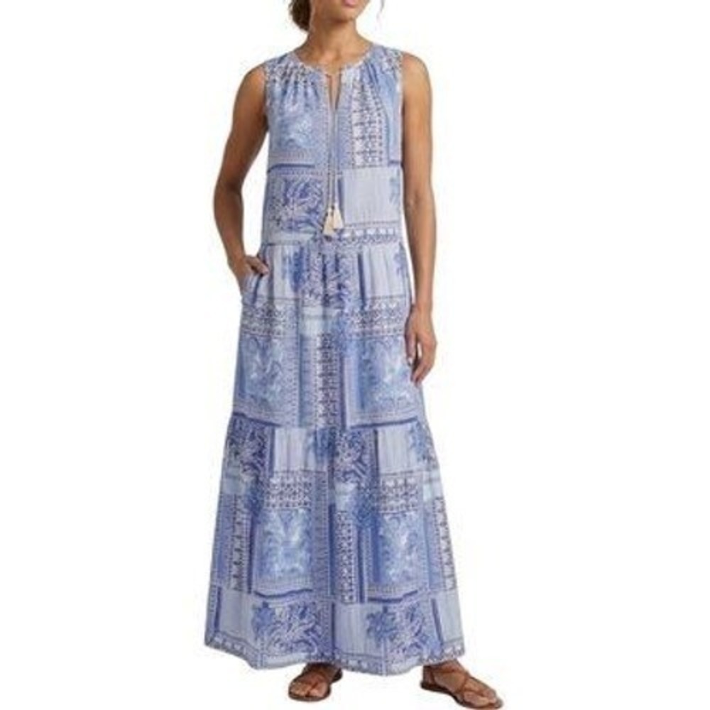 J. McLaughlin Christa Tiered Maxi Dress Blue White Tropical Print Cotton Size XS